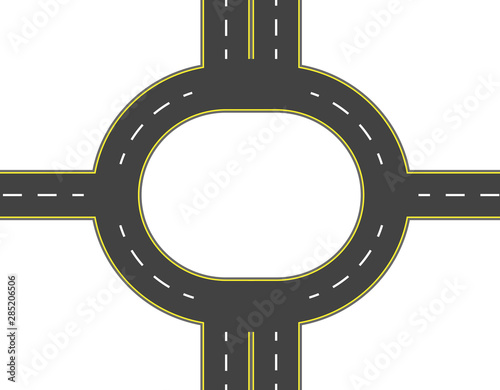 Road, highway, roundabout top view. Two and four lane roads with markings. illustration