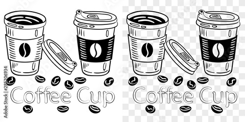 Black outline drawing of coffee with text