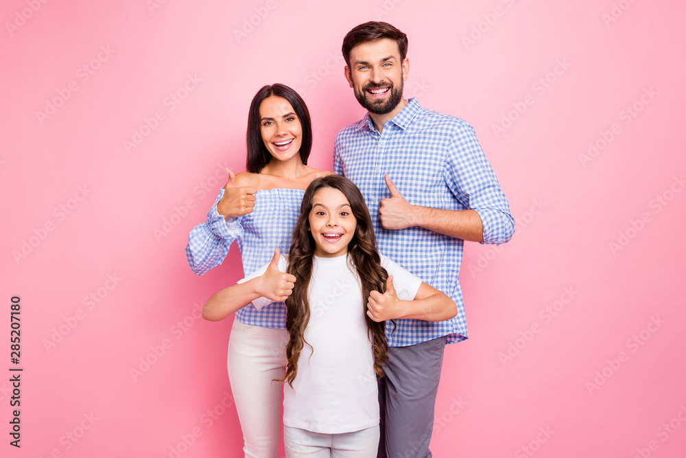 Portrait of cheerful people with wavy long hairstyle show perfect agreement wear checkered plaid shirt off-shoulders white t-shirt isolated pink background Portrait of cheerful people with wavy long hairstyle show perfect agreement wear checkered plaid shirt off-shoulders white t-shirt isolated pink background