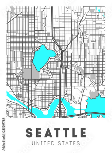 Fotografie City map Seattle, travel poster design. Washington