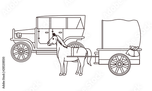 Classic cars and horse carriages vehicles in black and white