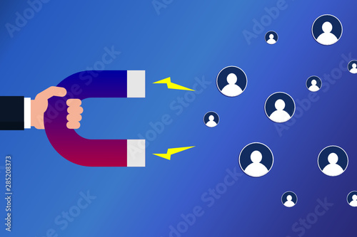 Hand with a magnet attracting followers. Social media marketing concept. Customer retention strategy. Influencer. Hand holding magnet dragging people icons. Vector illustration, flat style, clip art.
