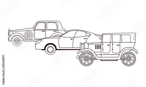 Vintage and classic with modern cars vehicles in black and white