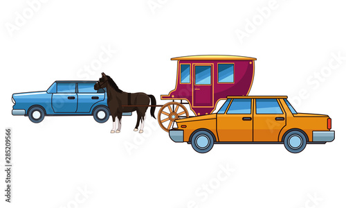 Classic cars and horse carriages vehicles