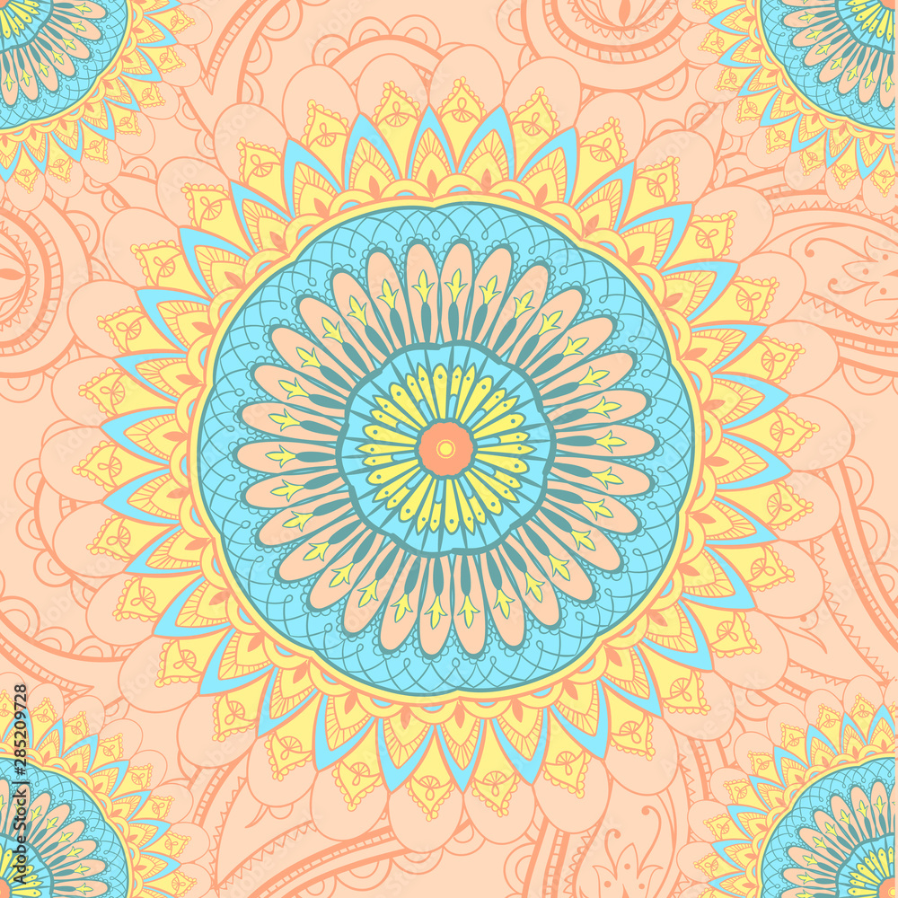 Seamless pattern tile with mandalas. Vintage decorative elements. Hand drawn background. Islam, Arabic, Indian, ottoman motifs. Perfect for printing on fabric or wrapping, surface textures, coloring