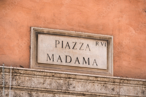 Piazza Madama street name sign, Rome, Italy. Palazzo Madama in Rome is the seat of the Senate of the Italian Republic