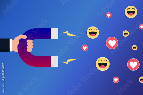 Hand with a magnet attracting smileys and hearts. Positive feedback, marketing on social media concept. Influencer. Hand holding magnet dragging smileys and heart signs. Vector illustration,flat style
