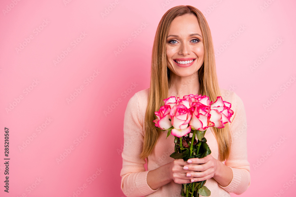 Portrait of magnificent lady hold hand isolated over pink background Portrait of magnificent lady hold hand isolated over pink background
