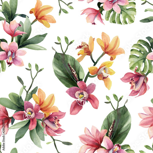 Seamless pattern of yellow, rose orchid flowers and tropical leaves on white background.