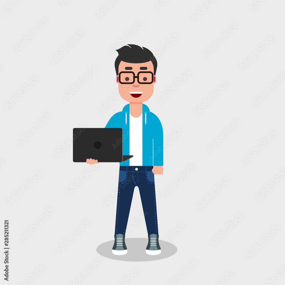 Young man holding laptop computer. Geek standing with laptop in hands. Successful man in jeans and sweatshirt smiling and using a notebook. PC concept. Vector illustration, flat style,clip art. Young man holding laptop computer. Geek standing with laptop in hands. Successful man in jeans and sweatshirt smiling and using a notebook. PC concept. Vector illustration, flat style,clip art.