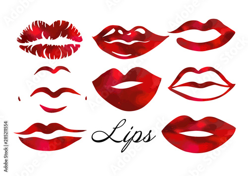 Set Red lips  sexy woman s kiss with birthmark  flat style  vector illustration. Beauty logo. Element design multi-colored lips