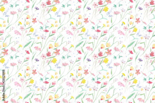 Wild flowers. Watercolor painted. Seamless fabric pattern design. Flowers on wind. Delicate and bright.