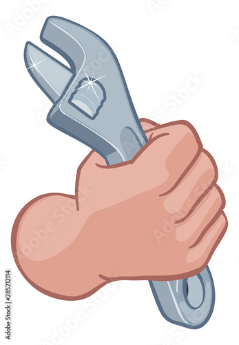 A plumber or mechanic cartoon hand in a fist holding a wrench or spanner