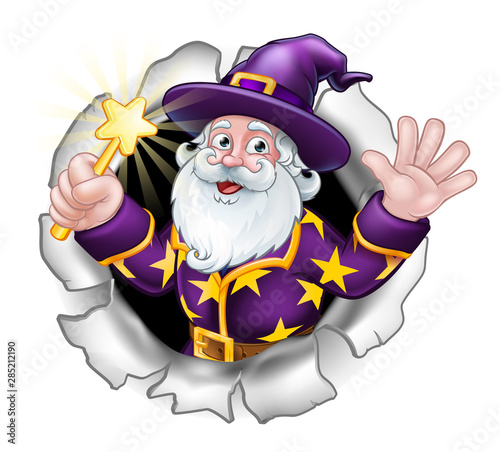 Wizard cartoon character holding a wand and breaking through the background