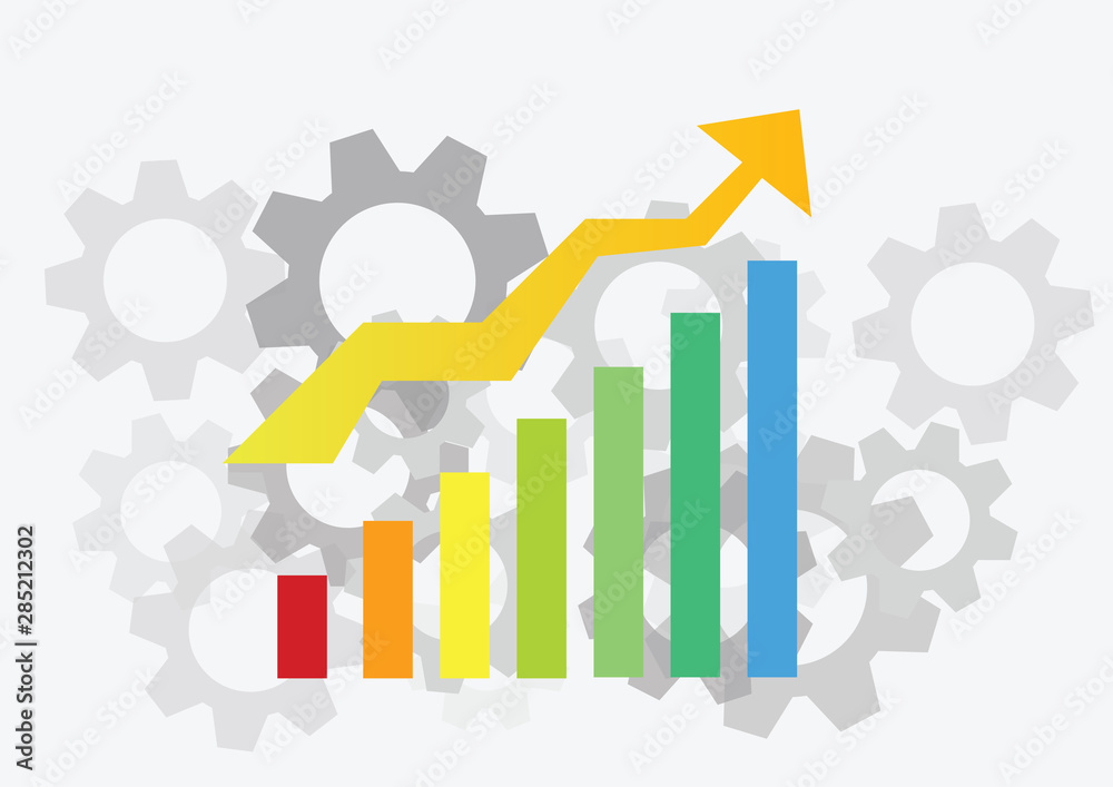 ฺBusiness graph of multicolored uptrend investment graph with target arrows. With gray gears that indicate driving technology forward.
