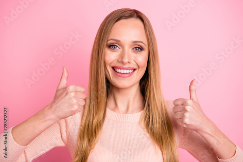 Close up photo of nice pretty lady have adverts agreement isolated over pink background