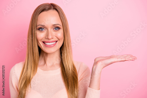 Close up photo of charming promoter have adverts look isolated over pink background