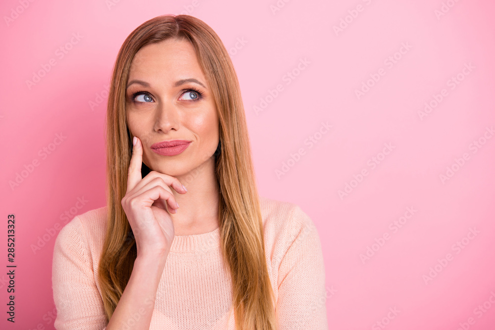 Portrait of concentrated lady touch chin fingers hands palms look have thoughts isolated over pink background Portrait of concentrated lady touch chin fingers hands palms look have thoughts isolated over pink background