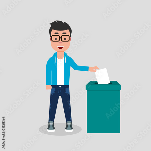 Young man voting at the ballot box. Elections, democracy, participation, vote, concept. Modern character in jeans and sweatshirt smiling. Vector illustration, flat style, clip art.