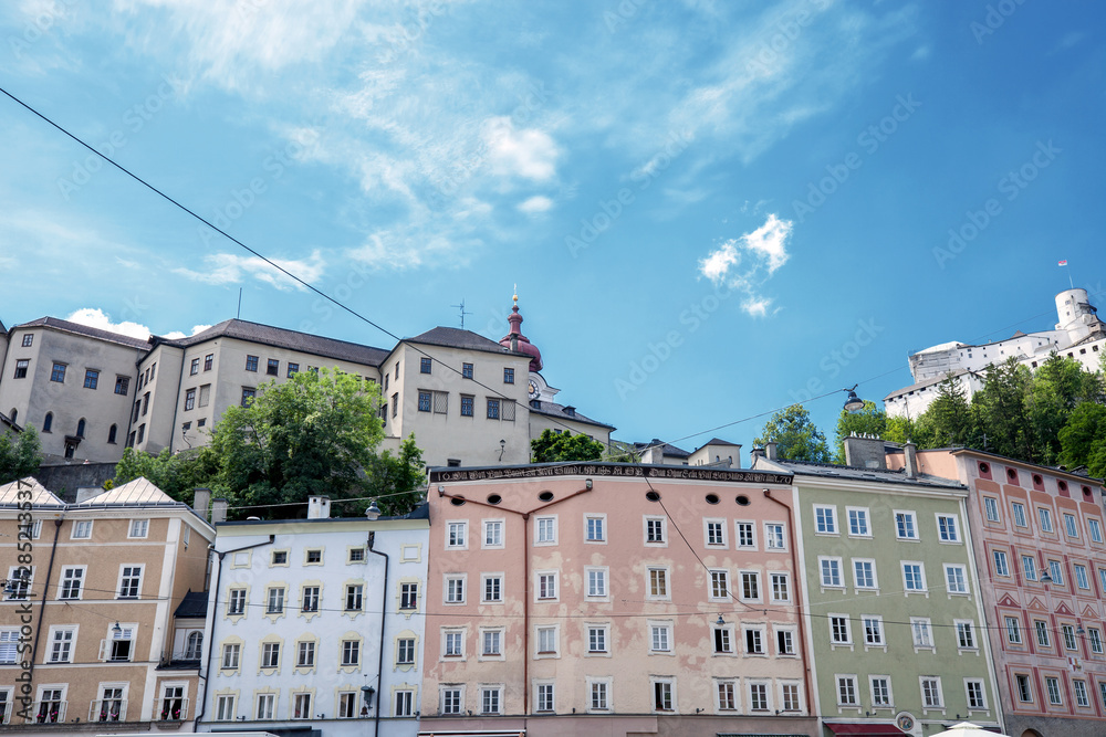 Street with old colorful houses in Salzburg, Austria