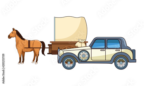Classic cars and horse carriages vehicles