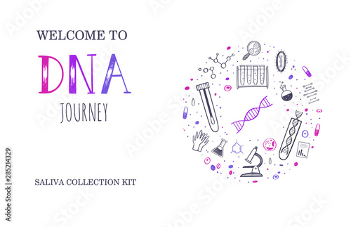 Vector Ethnicity and genealogy DNA genetic test home kit cover, design template, background. Hand drawn illustrations of medical genome research equipment.