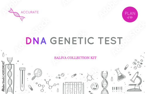 Vector Ethnicity and genealogy DNA genetic test home kit cover, design template, background. Hand drawn illustrations of medical genome research equipment.