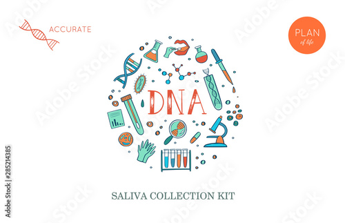 Vector Ethnicity and genealogy DNA genetic test home kit cover, design template, background. Hand drawn illustrations of medical genome research equipment.
