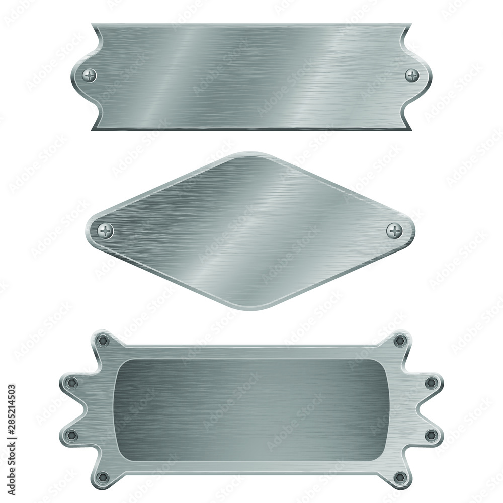 Metal boards set. Steel plates with screws Metal boards set. Steel plates with screws