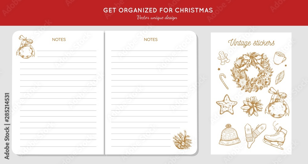 Before Merry Christmas organizer, planner, notepad, diary with vector hand drawn illustrations and handwritten calligraphy. Happy new year vintage elements. Get organized for ChristmasReady for print