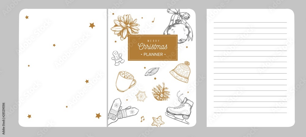 Merry Christmas notebook, planner, scrapbook cover . Vector hand drawn illustrations and Lettering. Inspirational christmas and new year design