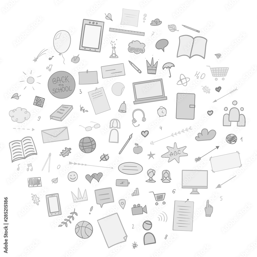 Abstract pattern with school supplies. Back to school. Hand drawn elements. Black and white illustration Abstract pattern with school supplies. Back to school. Hand drawn elements. Black and white illustration