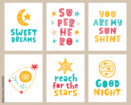 Vector nursery kids posters set with hand drawn lettering phrases