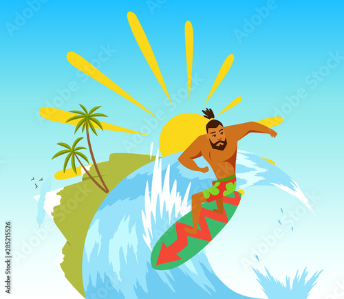 Surfer riding the wave. Vector illustration in flat stile.
