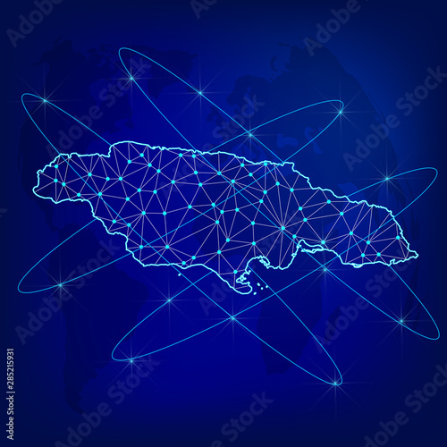 Global logistics network concept. Communications network map Jamaica on the world background. Map of Jamaica with nodes in polygonal style. Vector illustration EPS10. 