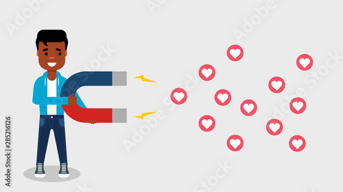 Young African American attracts hearts with a magnet. Popularity on social networks. Influencer. Social media marketing concept. Guy holding magnet dragging heart signs.Vector illustration,flat style.