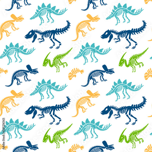 Dinosaurs skeletons fossils seamless pattern. Tshirt print, fabric, modern background. Vector