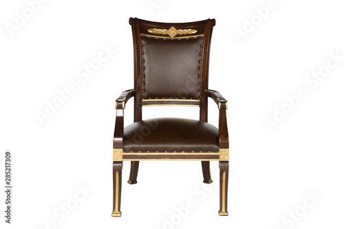 Brown leather arm chair on white background