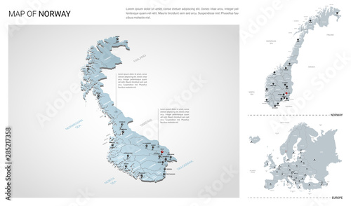Vector set of Norway country.  Isometric 3d map, Norway map, Europe map - with region, state names and city names.