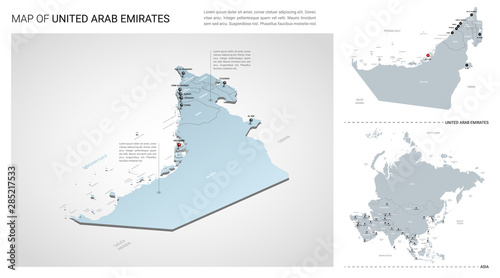 Vector set of United Arab Emirates country.  Isometric 3d map, UAE map, Asia map - with region, state names and city names.