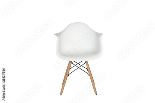 Modern white plastic chair with wooden legs isolated on a white background. Front view