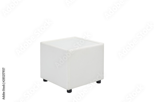 Modern white leather small coffee table on a white background. Side view with clipping path