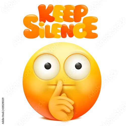 Yellow emoji cartoon character with finger near the mouth. Keep silence sign.