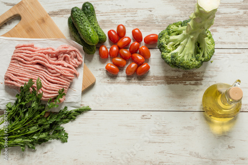 Raw organic vegetables for healthily eating top view. Diet food concept. Background layout with copy space.