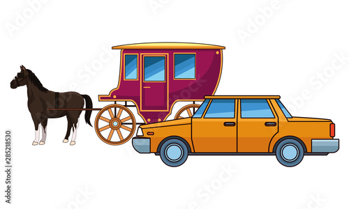 cars and horse carriages vehicles
