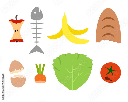 Food remains. Recycling organic waste. Eaten apple, banana peel, egg shell, fish bone, tomato, carrot, bread, salad. Compost concept. Isolated on white background. Vector illustration, flat style.