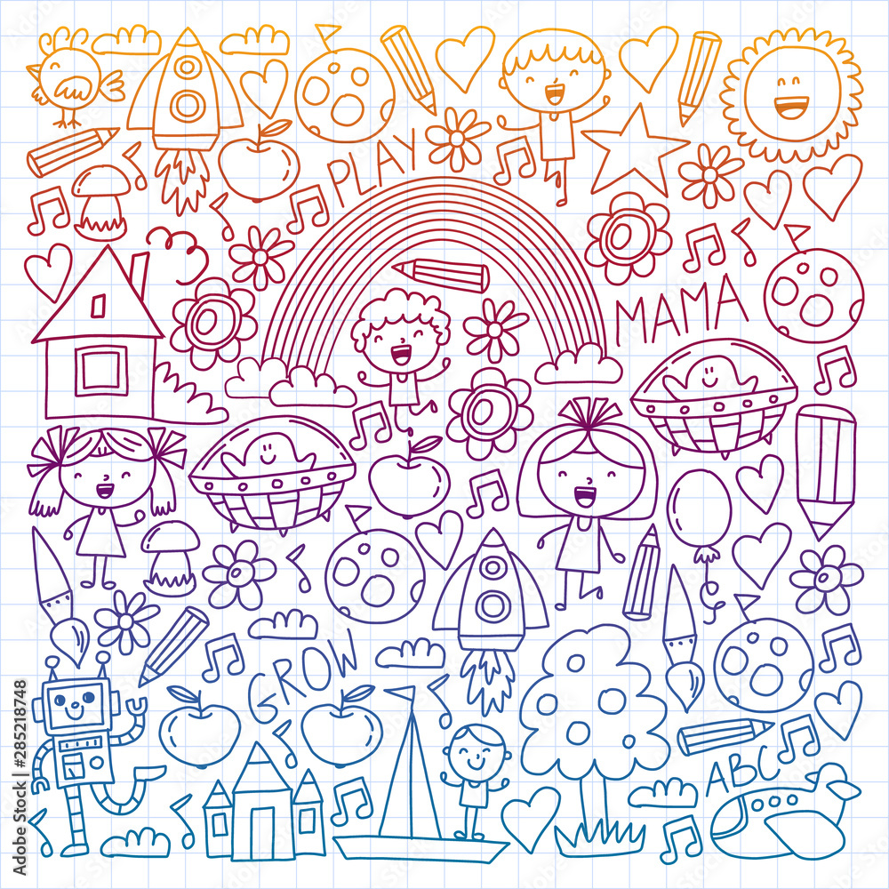 Fototapeta premium Time to adventure. Imagination creativity small children play nursery kindergarten preschool school kids drawing doodle icons pattern, play, study, learn with happy boys and girls Let's explore space