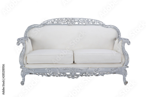 Leather sofa for three persons in white color with decorating parts