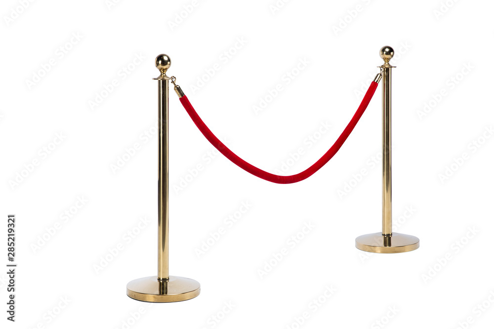 Red rope barrier on a golden columns Red rope barrier on a golden columns