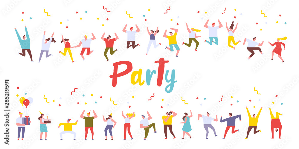 Birthday party, celebration, event horizontal banners. Young People dancing and have fun. Friendship. Student party. Male and female flat characters isolated  on white background.	